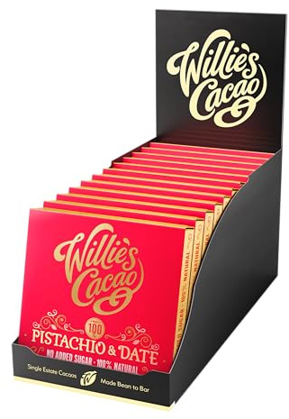 Willie's Cacao - 100% Cocoa with Pistachio & Date - No Added Sugar Chocolate bar - 50g x 12 - Naturally sweetened with Fruit and Nuts - Vegan - Artisan Made