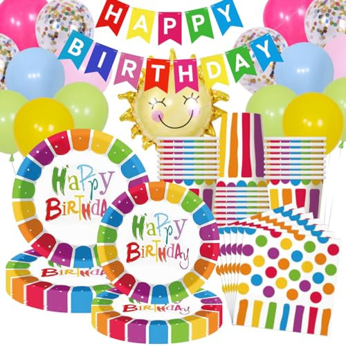 Partygeschirr Set, Geburtstag Party Geschirr Regenbogen, Pappteller Kindergeburtstag mit Luftballons Servietten Banner für Baby Shower Geburtstagsdeko Babyparty Mädchen Junge Deko, 20 Gäste