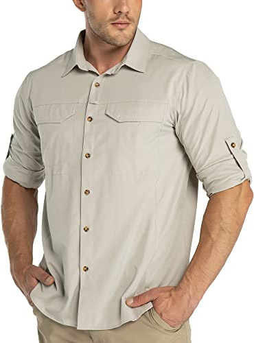 33,000ft UPF50+ - Chemise fonctionnelle à manches longues pour homme, respirante, avec boutons, pour l'extérieur, le sport, les loisirs, la pêche, kaki foncé, Small