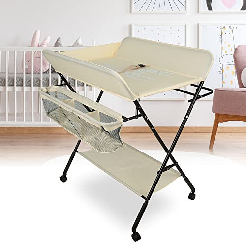 Wickelkommode Klappbar, Mobiler Wickeltisch, Babypflegetisch mit Sicherheitsgurt Ablagefächern, Tragbar Wickeltisch, Platzsparend & Stabil 80 * 66 * 98cm (Beige)