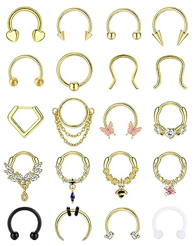 Adramata 16G Septum Piercing CZ Helix Oreja Cartilago Tragus Nariz Anillos de Plata y Oro - 20 Pcs Acura Quirúrgico