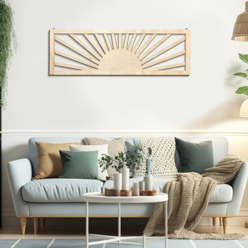 Burbell Sun Wall Art Decor 35'' x 12'' Large Boho Sun Wall Decor Wooden Horizontal Vintage Bohemian Hanging Rectangle Panoramic Above Bed Decoration for Bedroom Home(Wood Color)