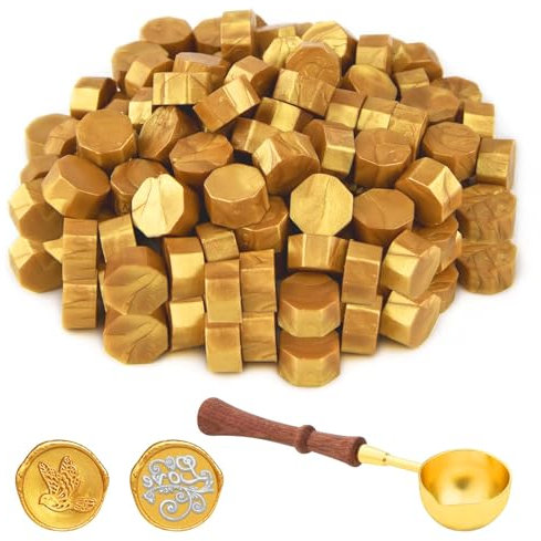 SUWIWKKOA Siegelwachs Gold, 300 Stück Siegelwachs Perlen mit 1 Wachsschmelzlöffel, Achteckiges Wachssiegel-Set für Stempel, für Einladungen, Karten, Umschläge, Weinpakete, Geschenkverpackungen