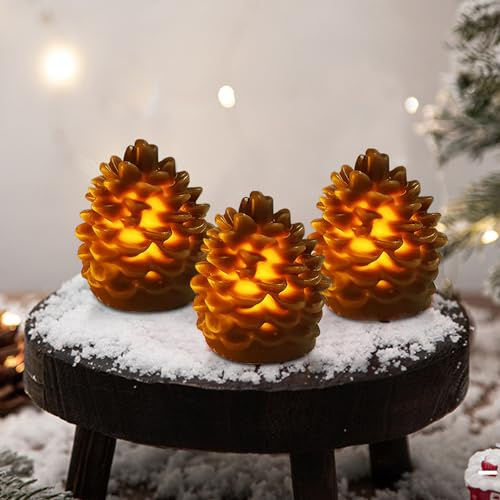 Weihnachtsdeko Led Kerzen, LED Tannenzapfen Kerzen Elektrische Weihnachtskerzen Led Candle Tannenzapfen Beleuchtung LED Weihnachtsbeleuchtung Für Weihnachtsdeko Innen, Fenster, Tisch Deko (3 Stück B)