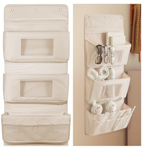 Annhua Hängeorganizer 3 Etagen, Hängeregal Schrankorganizer mit 3 Klebehaken, Organizer Hängeorganizer, Kleiderschrank-Organizer mit 8 Netzfächern für Kleidung, Spielzeug, Kosmetik und Dessous (Beige)