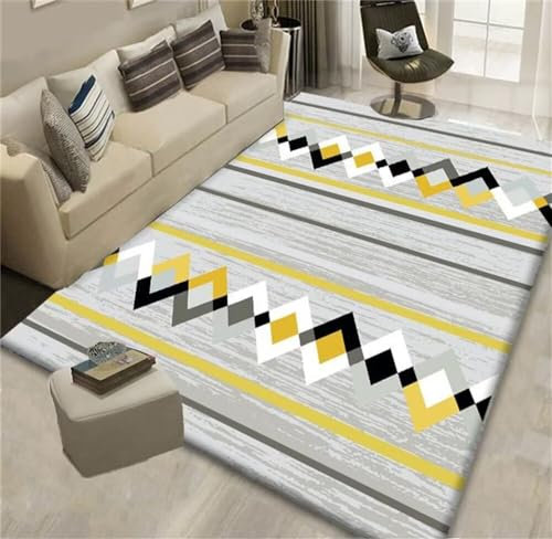 RUGMRZ Bettumrandung Schlafzimmer Fleckerlteppich Grau-gelbes geometrisches Design, Wohnzimmerzubehör, Anti-Milben, Nicht verformbar und verschleißfest Bodenmatte 80X150CM