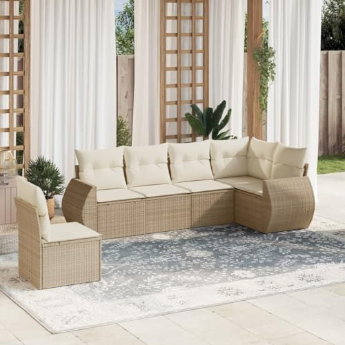 Rantry 6-TLG. Gartenmöbel Set mit Kissen Gartensofa Gartenlounge Balkonmöbel Loungesofa Rattansofa Modular Ecksofa Ecklounge Sitzgruppe Sofagarnitur Loungemöbel Beige Poly Rattan