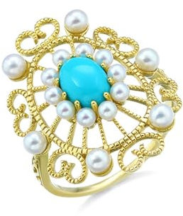 Skcess Goldring Damen 585 Echtgold 14K Damenringe Blau Türkis Oval, Verlobungsringe Luxuriöse Hohlblume Türkis mit Perle Ringe Frauen Größe 47 (15.0)