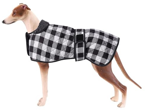 Geyecete Wasserdichter Hundemantel,Windhund Mantel,Whippet Hundejacke Winter,mit Warmem Fleecefutter innen,Verstellbaren Outdoor Hundebekleidung für Windhunde/Lurcher/Whippet-Kariert Schwarz-XS