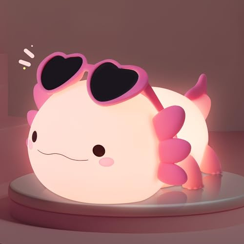 Okayera Axolotl Nachtlicht, Tragbares Babyzimmer Nachtlicht, Niedliche Salamander Silikon lampe mit Rosa Brille, Dimmbares Timer Bedroom Nachttisch Dekor, Geburtstags Weihnachtsgeschenke für Mädchen