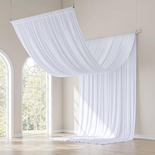 gogoparti 10x20FT White Ceiling Drapes for Weddings Parties - 2 Panels of 5x20FT Wrinkle Free Silk White Drapes for Tent Canopy, Weddings, Birthdays, Parties, Tent & Event Decoration