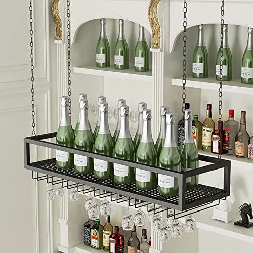 Black Metal Iron Chain Hanging Wine Rack Goblet Holder with Ceiling Mount Stylish Wine Bottle Organizer for Bars Restaurants and Kitchens Decorative Wine Glass Rack (Size: 60x25x20cm)