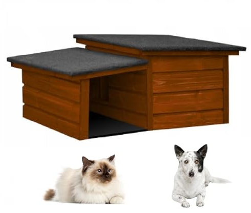 QLS Katzen- Hundehütte Größe S mit Vordach Isoliert aus Holz Winterfest Outdoor (Teak, S)