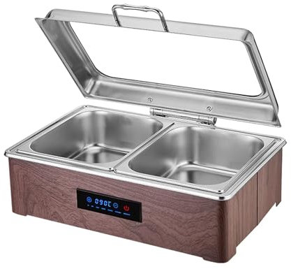 Calentador de Alimentos Eléctrico 304 Calentador de Buffet In Acero Inoxidable 400W/220V Woodgrain Smart Chafing Dish Electrico para Buffet de Catering Y Fiestas(13.5L/2)