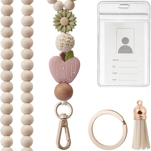 FDEETY Holzperlen Ausweisband Blume Tasse Anhänger Lanyard Schlüsselband Kartenhalter Ausweishülle Schlüsselanhänger