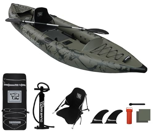 TIGERXBANG Kayak gonflable avec siège amovible, 32,6 x 101,6 x 27,6 cm (pompe à main/pagaie en aluminium/sac à dos/et base multifonctionnelle), kayak bateau pour adulte/enfant pour la pêche, la