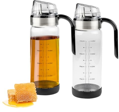 Gzsekken 2 Pack Glass Syrup Dispenser, 450ml Coffee Syrup Dispenser with No Drip Stainless Maple Pourer/Handle for Pancakes, Coffee, Cereal Bowl, Home Kitchen Bar and Salad Cooking