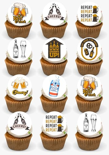 Beer O'clock Pint Lager Ale Edible Premium Wafer Card 24 Precut Cupcake Cake Dessert Toppers Happy Birthday Party Father's Day Decorations Cheers