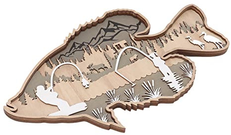Uadme Höhlte Fischfigur aus Holz, mehrschichtig, Buchsbaum, dekorative Fischstatue für Zuhause, Büro, Kantine, gestreiftes Barsch-Design, 30,5 cm lang, einzigartiges Kunststück