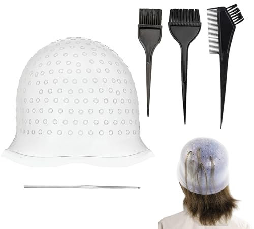 Professional Highlighting Kit 1 Pcs Highlighting Cap with Needle and 3 Hair Coloring Brushes Silicone Highlight Cap Reusable Hair Highlighting Kit for Salon Silicone Hairdressing Tools for Women Men