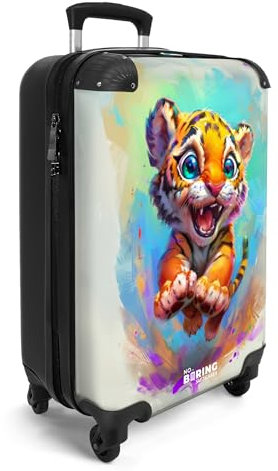 NoBoringSuitcases.com® Handgepäck Koffer Kinder 55x35x20 cm Reisekoffer Kinderkoffer 4 Rollen Leicht Cabin Trolley Hartschalenkoffer für Jugendliche Tigerjunges - Bunt - Verspielt