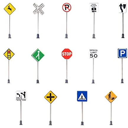 SZLIFE Lot de 14 Panneaux de Signalisation 1:87 Faits à La Main pour Décoration de Mise En Page de Scène D'autoroute, 14x signes, 3,5 cm de hauteur