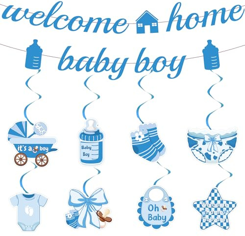 Willkommen Zuhause Baby Deko Junge - 10 Stück Blau Welcome Home Banner Hängend Wirbel Girlande Herzlich Wilkommensdeko Babyparty Baby Shower Dekoration Kleinkinderzimmer Home Deko