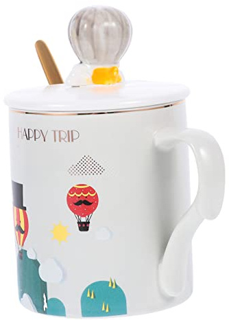 PRETYZOOM 1 Juego Taza de Cerámica con Tapa y Cuchara Diseño de de Aire Acondicionado para Café y Jugos para Amigos y Familia