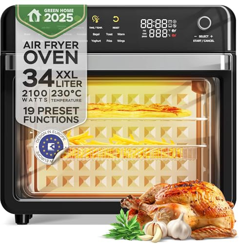 TurboTronic Multi-Smart-Ofen - 19in1 Heißluftofen & Heißluftfritteuse 2100W Power 34L bis 0,5 kg Pommes Mini-Backofen mit Dörrfunktion 40-230°C Grill Airfryer Dörrautomat schwarz