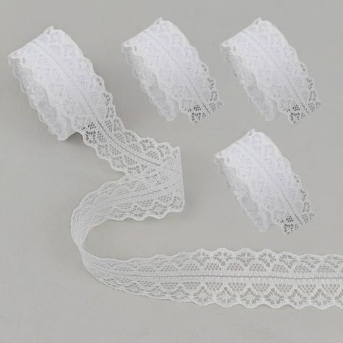 AMSGANK 4 Rolls Cinta de Encaje Blanco Vintage, 40m Borde de Encajes y Puntillas Cinta de Regalo para Costura, Bodas, Decoración de Mesa, Manualidades (10m/Rollo)