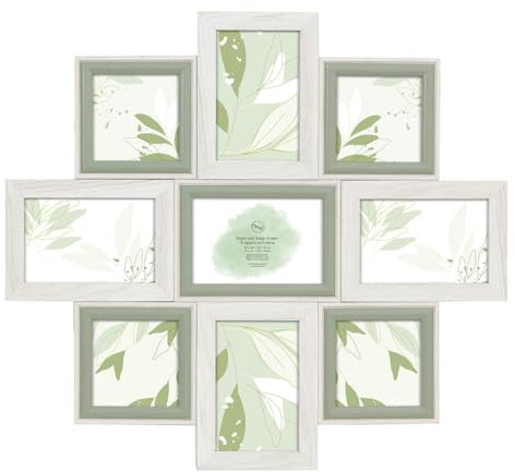 9 Multi Aperture Picture Frame Collage Holds Both Ways Hanging Display 9 Photos of 6x4 and 4x4 Family Pictures Frame, Classic Sage Wooden Frame Decoration, Collage Pictures Frame