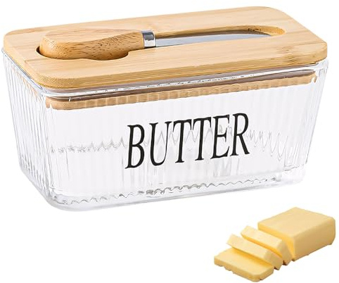 Beurrier en verre de 500 ml avec couvercle et couteau à beurre, beurrier français B, passe au lave-vaisselle, en bois de bambou, pour prévenir la formation d'odeurs, pour décoration de table de Noël