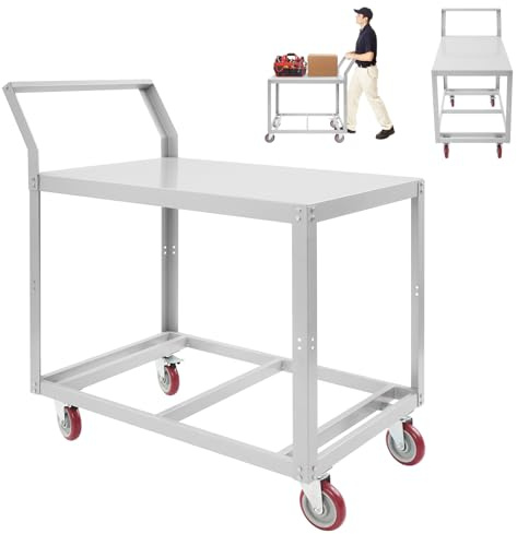 Tischwagen Transportwagen, Werkstattwagen Leer mit 2 Etagen, Plattformwagen mit Griff, Handwagen für Werkstätten, Hotels | Traglast 158,76 kg | 89.92×59.94×106.43cm | 2 Lenk- & Bockrollen (Silber)