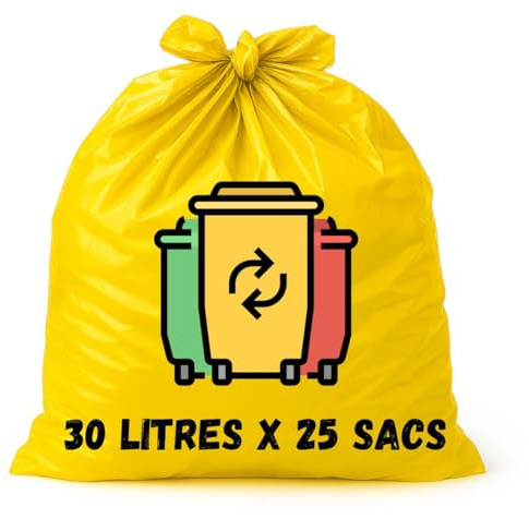 Bolsa de basura amarilla de clasificación selectiva – Lote de 25 bolsas ultra resistentes 30 micras – 4 capacidades (30L, 50L, 100L, 110L) – residuos de reciclaje de plástico, cartón, embalaje (30
