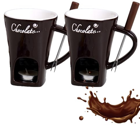2 Pack Chocolate Fondue Mug, Chocolate Melting Cup with Forks, Ceramic Butter Warmers Pot Set, Light Candle Fondue Melter Set for Sauce Cheese Dessert Candy Caramel Appetizer Bread Family Party Dinner