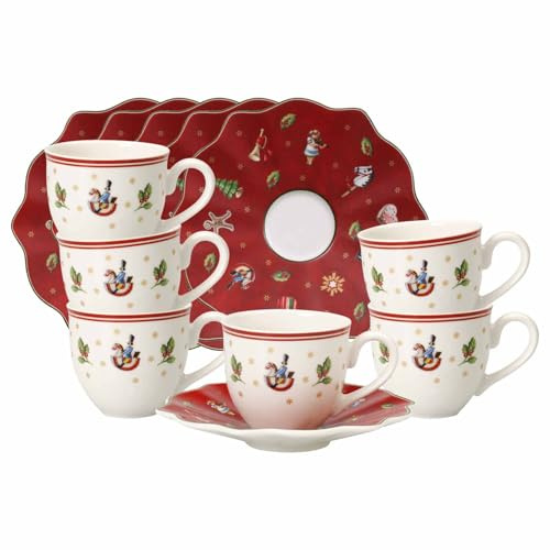 Villeroy & Boch Toy's Delight Lot de 6 tasses à moka/expresso avec soucoupes, 70 ml, vaisselle à expresso de Noël en porcelaine dure, blanc/rouge, 13 x 13 x 7,9 cm