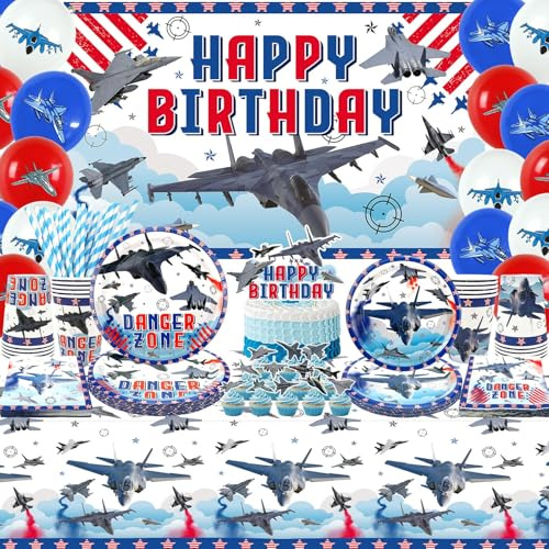 Fighter Jet Birthday Party Decorations, Airplane Party Decorations Include Aircraft Backdrop, Cake Toppers, Tableware, Tablecloth and Balloons for Air Force Party Decorations, Serves 20