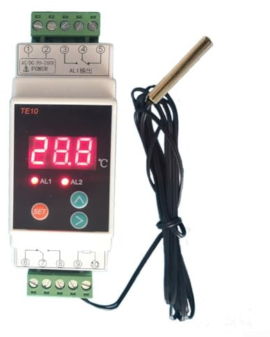 Termostato programable con carril DIN AC90-260V con controlador de alarma de temperatura de salida de 2 vías, alta precisión 0,5% FS, rango de -40 a 110 °C, pantalla digital, incluye 2 cables de