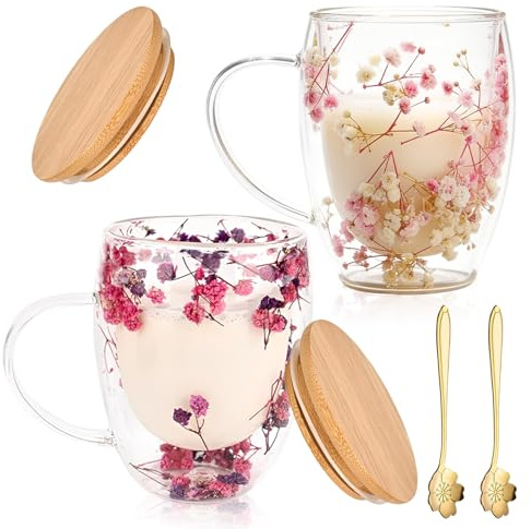 Lot De 2 350ML Tasse Verre Double Paroi,Tasses Double Paroi Avec Fleurs Séchées,Tasse En Verre À Double Paroi,Tasse Double Paroi Avec Fleurs Séchées Avec Cuillère,Couvercle Pour Latte,Cappuccino