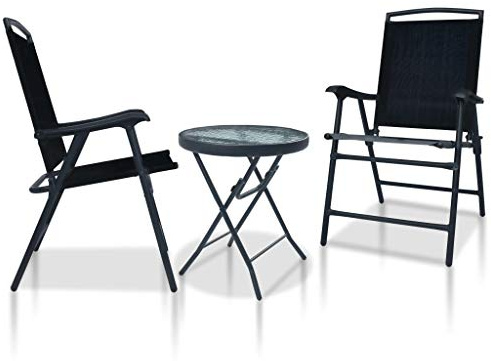 Mandloder 3-TLG. Bistro-Set Schwarz Stahl, klappbar, Textilene-Gewebe, Glastischplatte mit Wasserwellenmuster, für Balkon, Garten, Terrasse, Robustes Outdoor-Möbelset