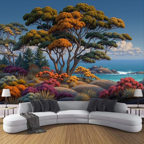 Carta Da Parati Panoramica Foresta Di Tassi Di Rocky Beach 200x140cm, Murale in Seta Foresta Della Costa Dei Cartoni Animati, Multicolore Poster Murale Giganti Da Muro per Soggiorno Camera Da Letto