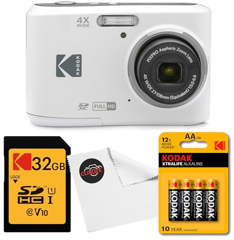Kodak PIXPRO FZ45 Appareil photo numérique avec carte mémoire SDHC classe 10 32 Go, piles Kodak AA Xtralife (lot de 4) et chiffon d'objectif Clikoze Blanc