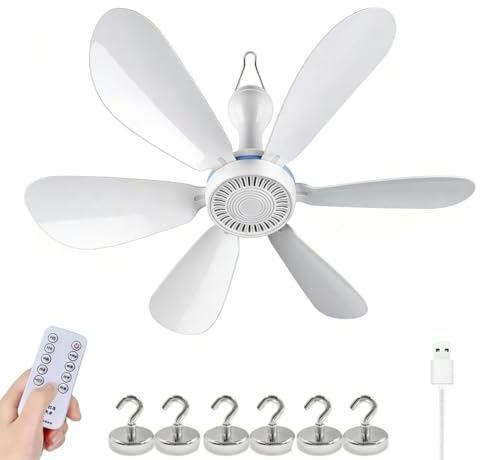 Collapsible Ceiling Fan with 6 Magnetic Hooks, Portable Ceiling Fan with Remote Control, Silent 6 Blades USB Powered Ceiling Canopy Fan Hanging Fan, Portable Outdoor Hanging Fans for Camping Bed