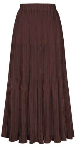 Kate Kasin Women's Chocolate Brown Chiffon Maxi Skirt, Pleated High Waist Long Skirts, Summer Tiered A Line Flowy Skirts