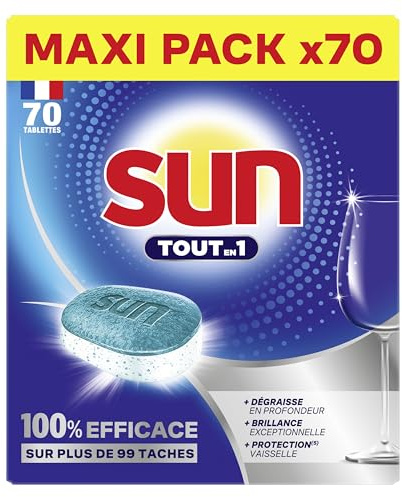 Sun - Tablettes Lave-Vaisselle, Tout-en-1, Regular, 70 Pastilles | Détergent pour lave-vaisselle éliminant 99 taches sans prérinçage, formule complète avec sel et liquide de rinçage inclus