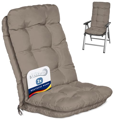 Beautissu 2er Set Hochlehner Auflagen Sitzpolster für Gartenstühle Outdoor | 120x50x8cm Taupe Outdoor Stuhlkissen Rückenlehne hoch Gartenstuhlauflage Polsterauflage Flair HL