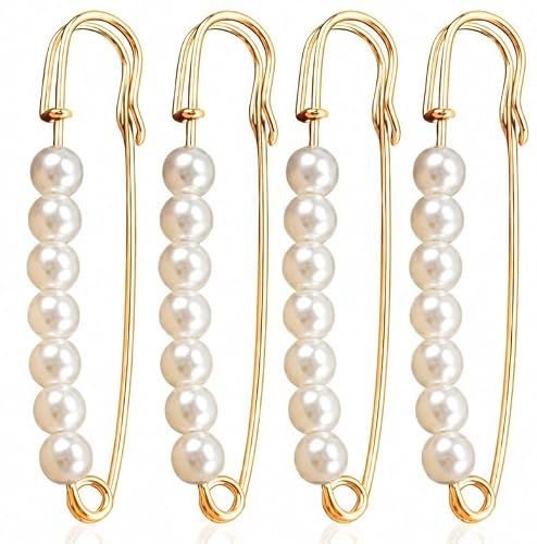 4 Stück Brosche Damen Goldfarben, Große Sicherheitsnadeln mit Perlen, Broschen für Kleidung, Anstecknadel und Schleppennadel für Brautkleid