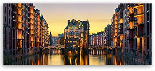 ge Bildet Bild auf Leinwand | Wasserschloss in der Speicherstadt - Hamburg D in 100x40 cm als Panorama Wandbild | Wand-deko Dekoration Wohnung modern Bilder | 2210
