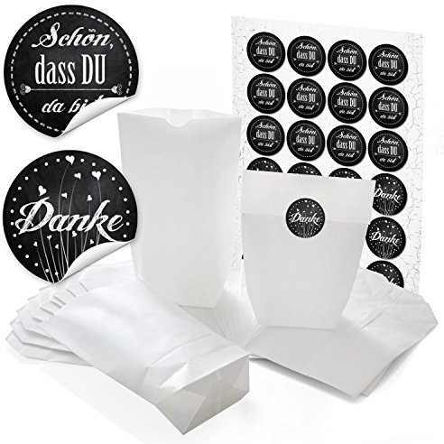 24 kleine weiße Papiertüten Geschenktüten Kraftpapier Boden 14 x 22 x 5,6 cm + 24 runde Aufkleber 4 cm schwarz weiß - Danke + SCHÖN DASS DU DA BIST als Gastgeschenke Verpackung give-aways Hochzeit