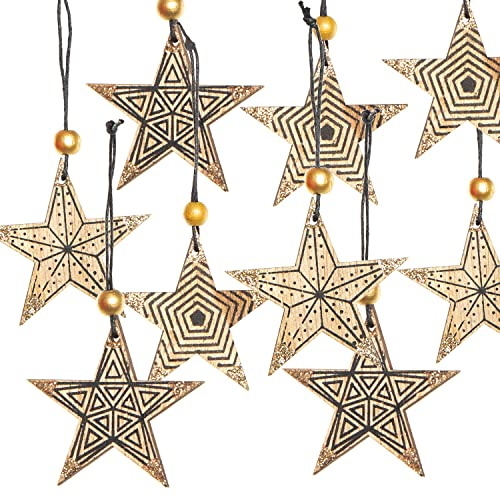 Holzanhänger Sterne 7 cm – Vintage Christbaumanhänger aus Holz mit Schnur – 9 Stück Weihnachtsdeko Natur Schwarz – Logbuch-Verlag
